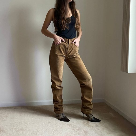 Vintage high waist tan genuine leather pants - Picture 2 of 8